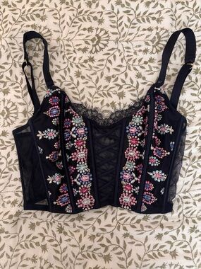 Victoria’s Secret Navy blue floral lace Dream Angels corset top